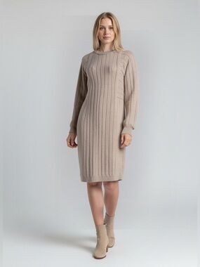 Ribbed Crewneck Sweater Dress - Light Taupe
